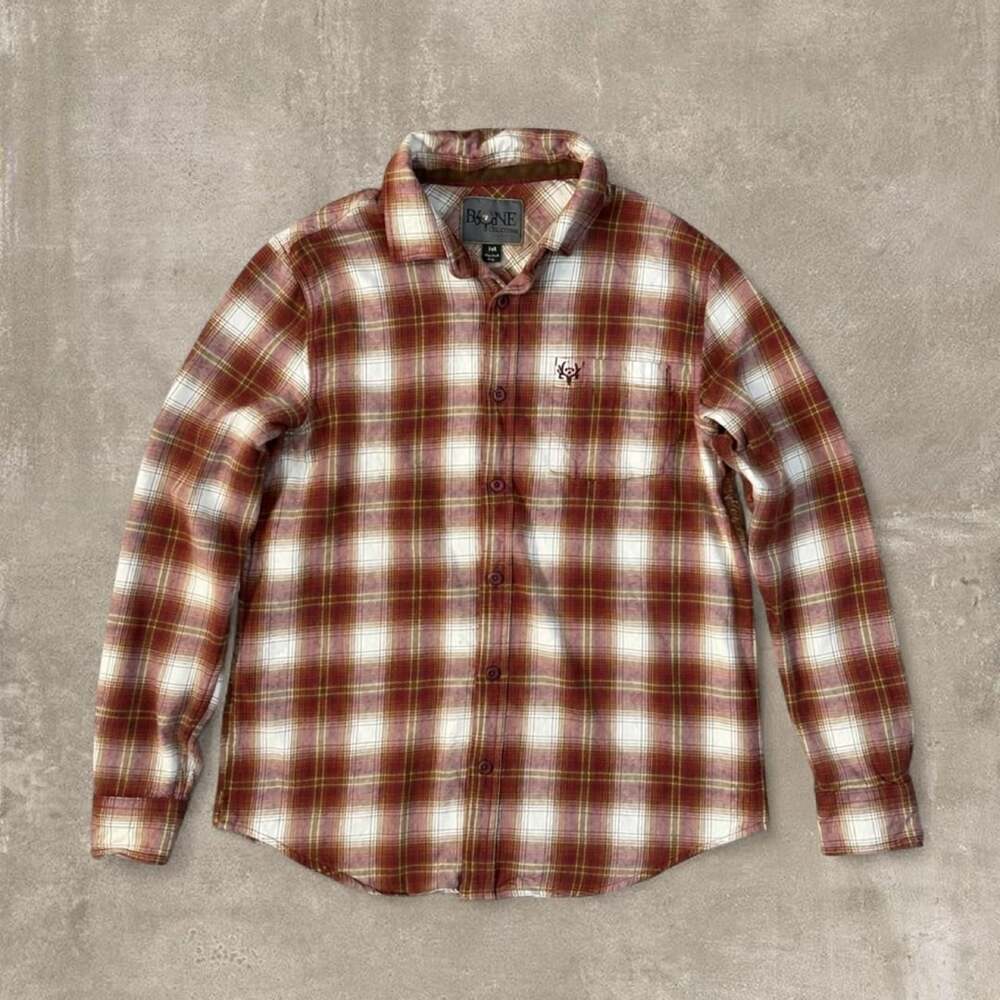 Bone Collector Collection Plaid Button Up Shirt Brown Burgundy Medium